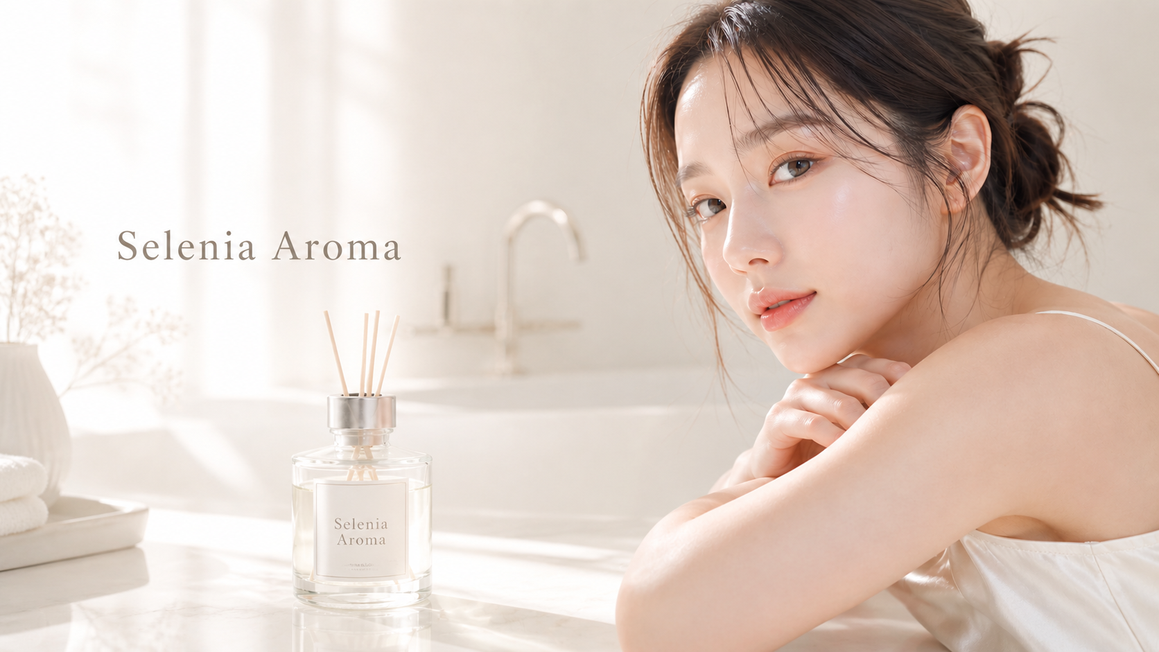 Selenia Aroma - 上質なバスルームでアロマを手にする女性のキービジュアル