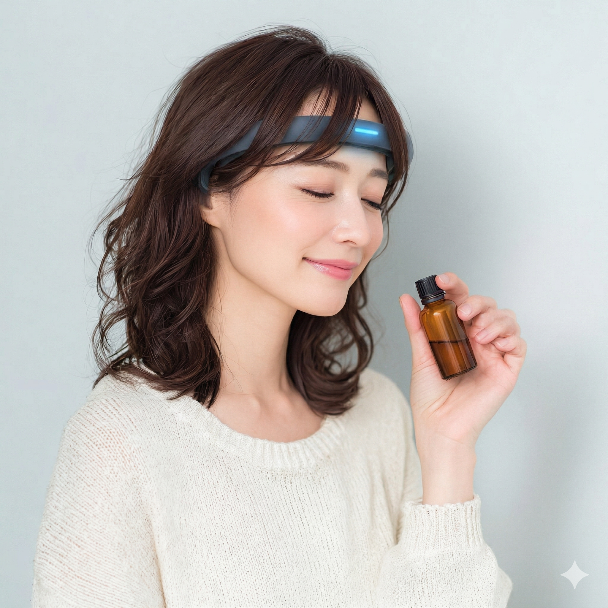 脳波測定中の女性 - 静かに目を閉じてアロマの香りを感じている様子