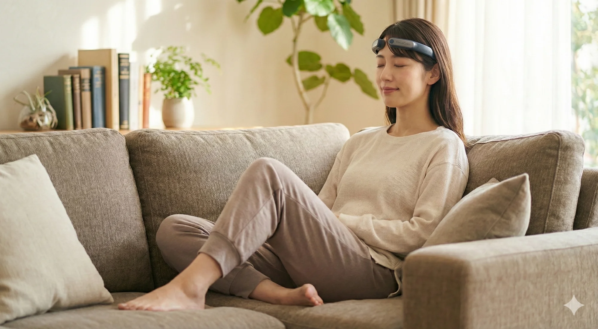 脳波測定ヘッドセットを装着してリラックスしている女性 - アロマの香りを嗅ぎながら脳波を測定